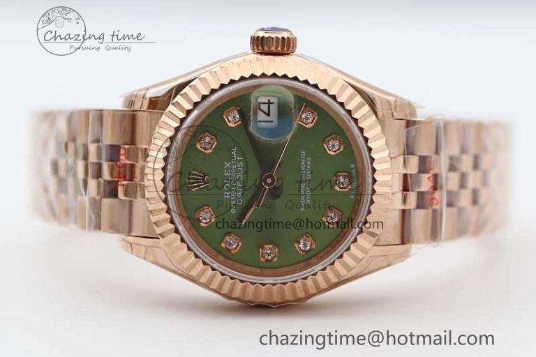 Lady DateJust 28 RG TWF 1:1 Best Edition Green Dial Diamonds Markers on Jubilee Bracelet NH05