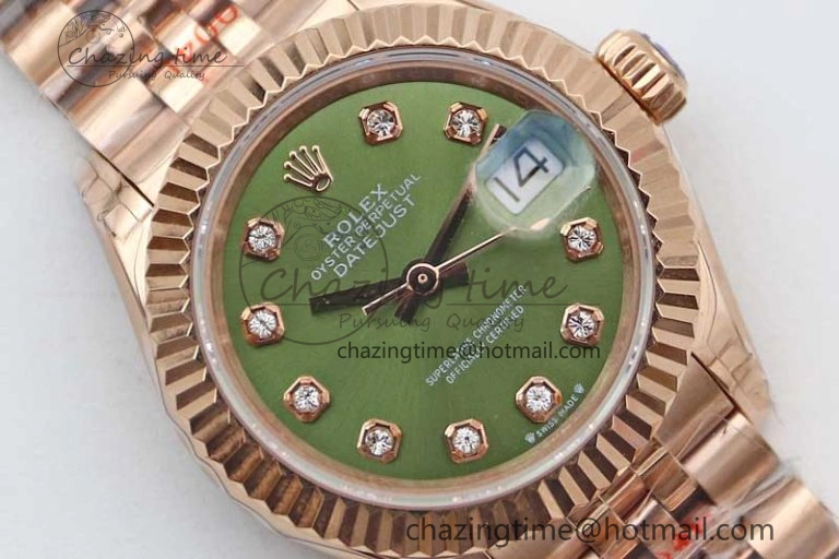 Lady DateJust 28 RG TWF 1:1 Best Edition Green Dial Diamonds Markers on Jubilee Bracelet NH05