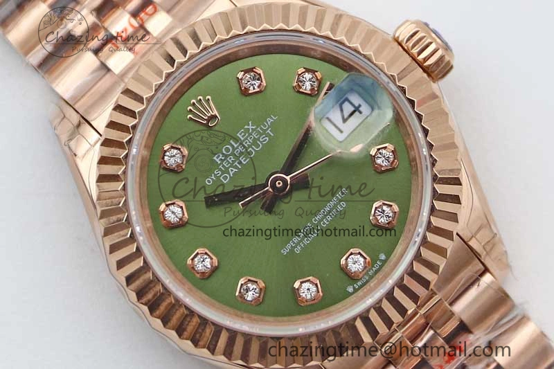 Lady DateJust 28 RG TWF 1:1 Best Edition Green Dial Diamonds Markers on Jubilee Bracelet NH05