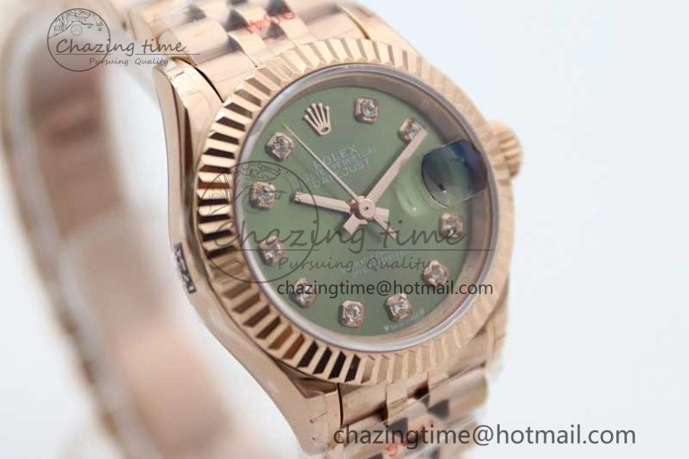 Lady DateJust 28 RG TWF 1:1 Best Edition Green Dial Diamonds Markers on Jubilee Bracelet NH05
