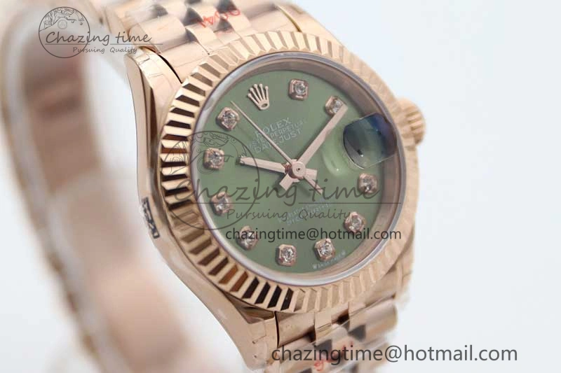 Lady DateJust 28 RG TWF 1:1 Best Edition Green Dial Diamonds Markers on Jubilee Bracelet NH05