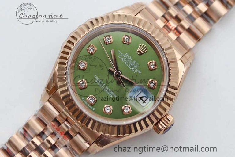Lady DateJust 28 RG TWF 1:1 Best Edition Green Dial Diamonds Markers on Jubilee Bracelet NH05