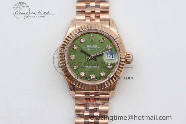 Lady DateJust 28 RG TWF 1:1 Best Edition Green Dial Diamonds Markers on Jubilee Bracelet NH05