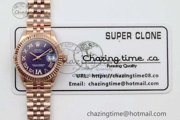 Lady DateJust 28 RG TWF 1:1 Best Edition Purple Dial Roman Markers on Jubilee Bracelet NH05