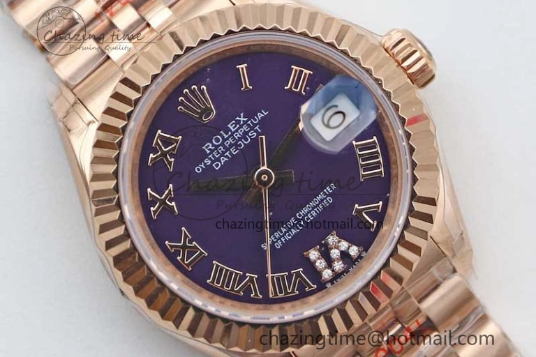 Lady DateJust 28 RG TWF 1:1 Best Edition Purple Dial Roman Markers on Jubilee Bracelet NH05