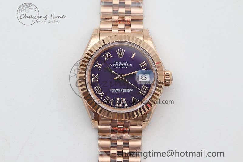 Lady DateJust 28 RG TWF 1:1 Best Edition Purple Dial Roman Markers on Jubilee Bracelet NH05