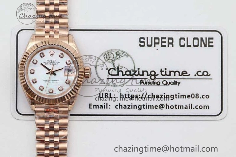 Lady DateJust 28 RG TWF 1:1 Best Edition White MOP Dial Diamonds Markers on Jubilee Bracelet NH05