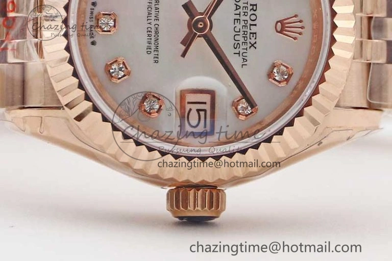 Lady DateJust 28 RG TWF 1:1 Best Edition White MOP Dial Diamonds Markers on Jubilee Bracelet NH05