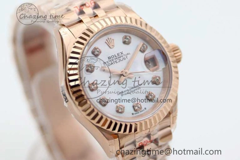 Lady DateJust 28 RG TWF 1:1 Best Edition White MOP Dial Diamonds Markers on Jubilee Bracelet NH05