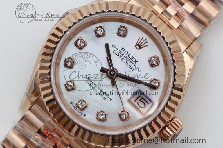 Lady DateJust 28 RG TWF 1:1 Best Edition White MOP Dial Diamonds Markers on Jubilee Bracelet NH05