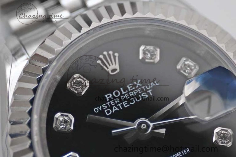 Lady DateJust 28 SS TWF 1:1 Best Edition 904L Steel Black Dial Diamonds Markers on President Bracelet NH05