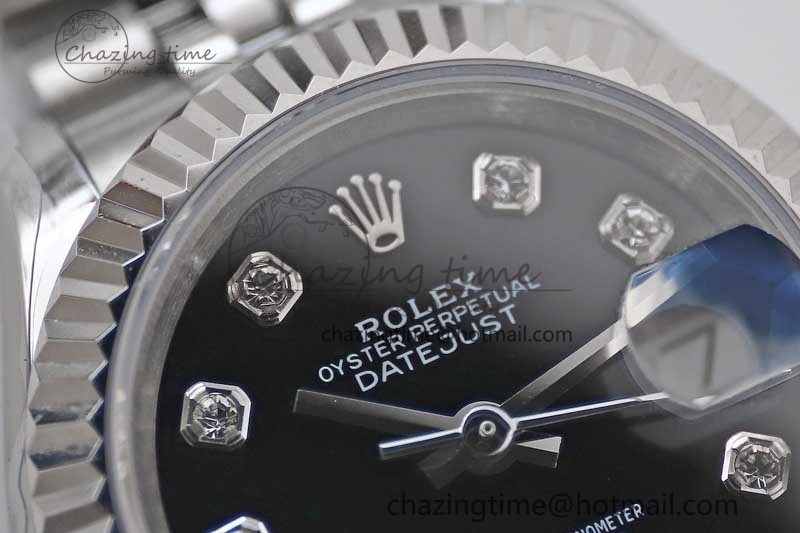 Lady DateJust 28 SS TWF 1:1 Best Edition 904L Steel Black Dial Diamonds Markers on President Bracelet NH05