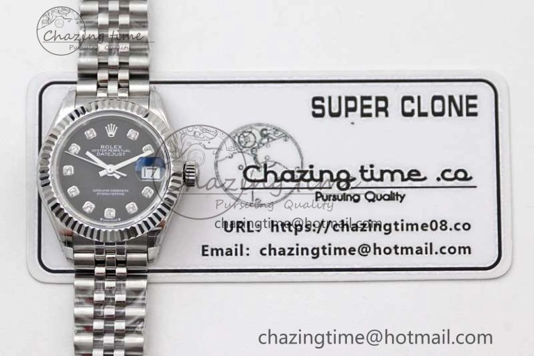 Lady DateJust 28 SS TWF 1:1 Best Edition 904L Steel Black Dial Diamonds Markers on President Bracelet NH05