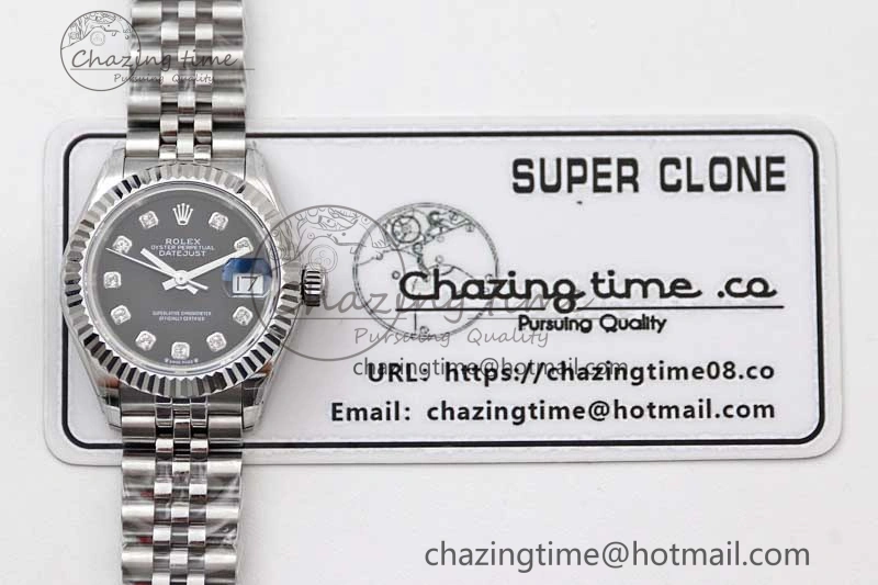 Lady DateJust 28 SS TWF 1:1 Best Edition 904L Steel Black Dial Diamonds Markers on President Bracelet NH05