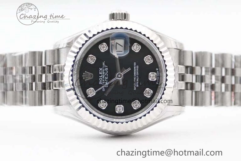 Lady DateJust 28 SS TWF 1:1 Best Edition 904L Steel Black Dial Diamonds Markers on President Bracelet NH05
