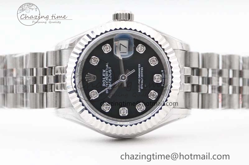 Lady DateJust 28 SS TWF 1:1 Best Edition 904L Steel Black Dial Diamonds Markers on President Bracelet NH05