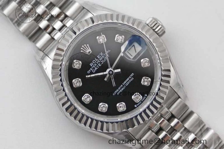 Lady DateJust 28 SS TWF 1:1 Best Edition 904L Steel Black Dial Diamonds Markers on President Bracelet NH05