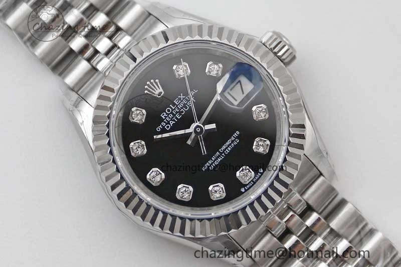 Lady DateJust 28 SS TWF 1:1 Best Edition 904L Steel Black Dial Diamonds Markers on President Bracelet NH05