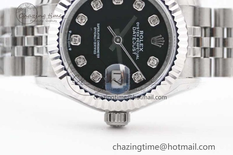 Lady DateJust 28 SS TWF 1:1 Best Edition 904L Steel Black Dial Diamonds Markers on President Bracelet NH05