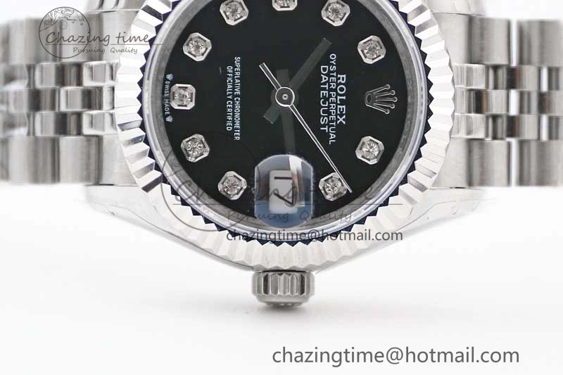 Lady DateJust 28 SS TWF 1:1 Best Edition 904L Steel Black Dial Diamonds Markers on President Bracelet NH05