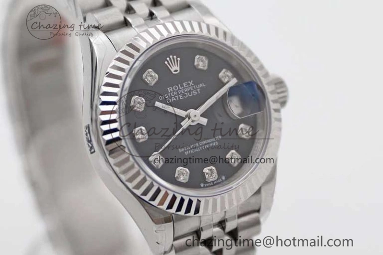 Lady DateJust 28 SS TWF 1:1 Best Edition 904L Steel Black Dial Diamonds Markers on President Bracelet NH05