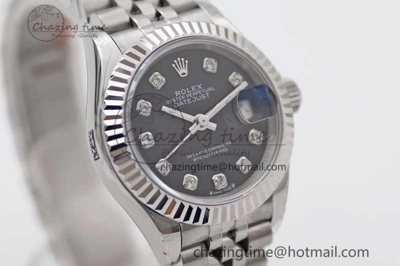 Lady DateJust 28 SS TWF 1:1 Best Edition 904L Steel Black Dial Diamonds Markers on President Bracelet NH05