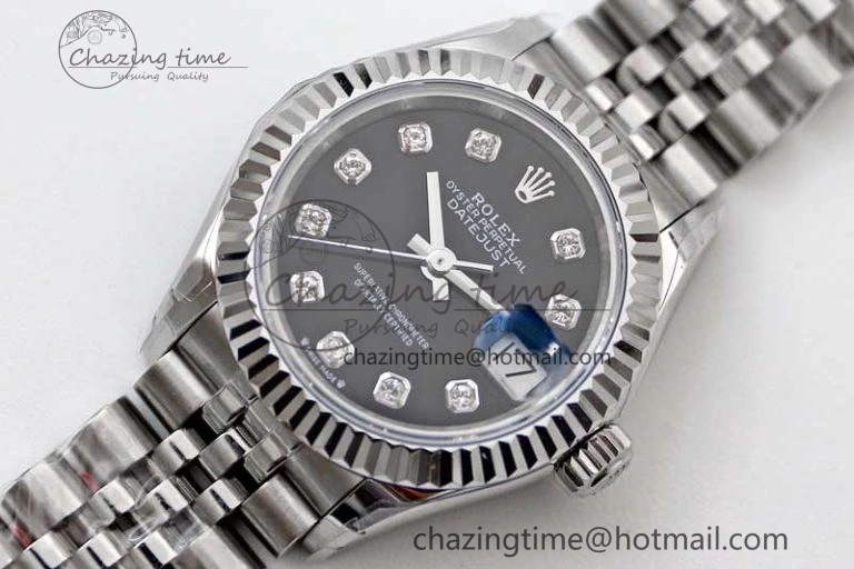 Lady DateJust 28 SS TWF 1:1 Best Edition 904L Steel Black Dial Diamonds Markers on President Bracelet NH05