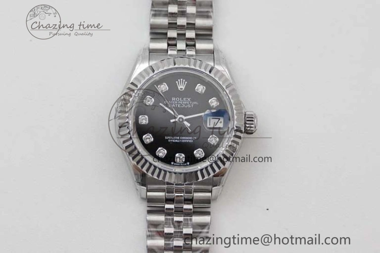 Lady DateJust 28 SS TWF 1:1 Best Edition 904L Steel Black Dial Diamonds Markers on President Bracelet NH05