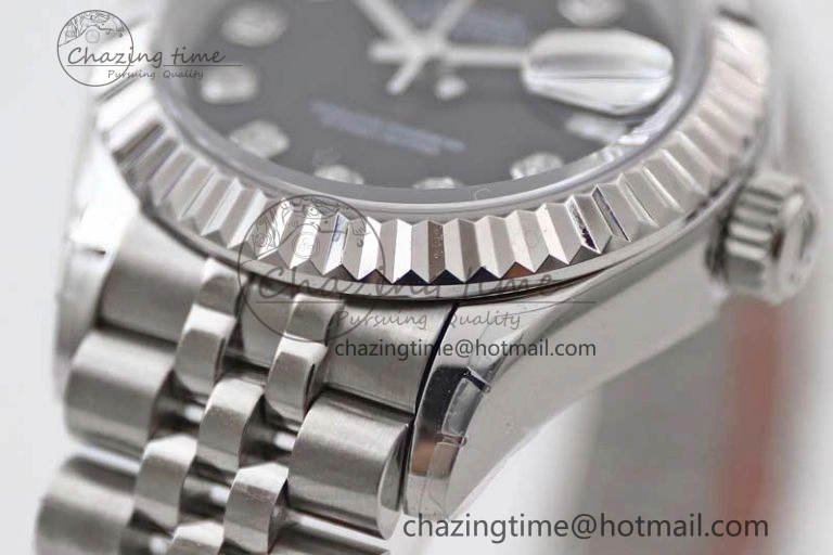Lady DateJust 28 SS TWF 1:1 Best Edition 904L Steel Black Dial Diamonds Markers on President Bracelet NH05