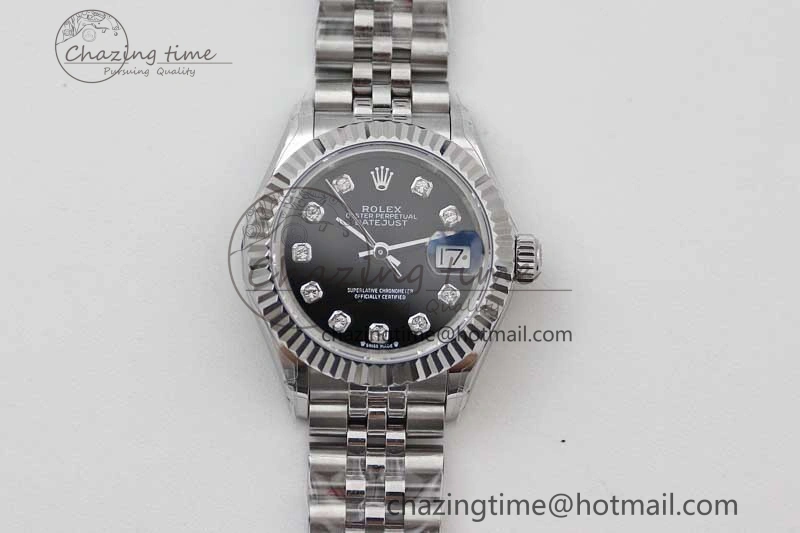 Lady DateJust 28 SS TWF 1:1 Best Edition 904L Steel Black Dial Diamonds Markers on President Bracelet NH05