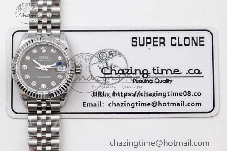 Lady DateJust 28 SS TWF 1:1 Best Edition 904L Steel Gray Dial Diamonds Markers on President Bracelet NH05