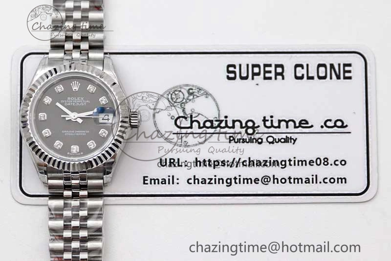 Lady DateJust 28 SS TWF 1:1 Best Edition 904L Steel Gray Dial Diamonds Markers on President Bracelet NH05