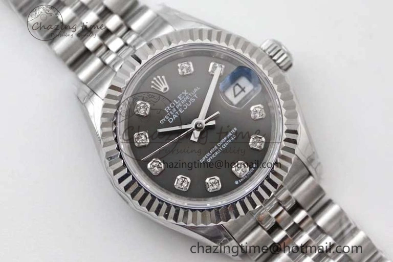 Lady DateJust 28 SS TWF 1:1 Best Edition 904L Steel Gray Dial Diamonds Markers on President Bracelet NH05