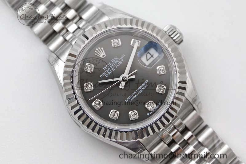 Lady DateJust 28 SS TWF 1:1 Best Edition 904L Steel Gray Dial Diamonds Markers on President Bracelet NH05