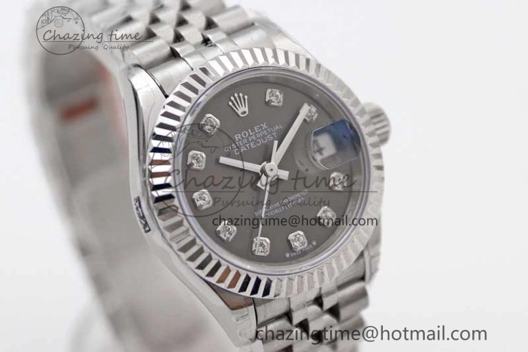 Lady DateJust 28 SS TWF 1:1 Best Edition 904L Steel Gray Dial Diamonds Markers on President Bracelet NH05
