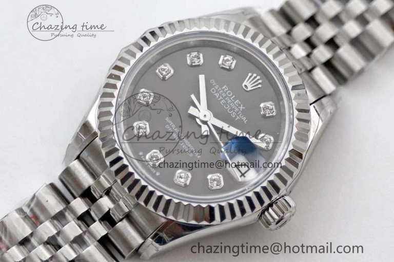 Lady DateJust 28 SS TWF 1:1 Best Edition 904L Steel Gray Dial Diamonds Markers on President Bracelet NH05