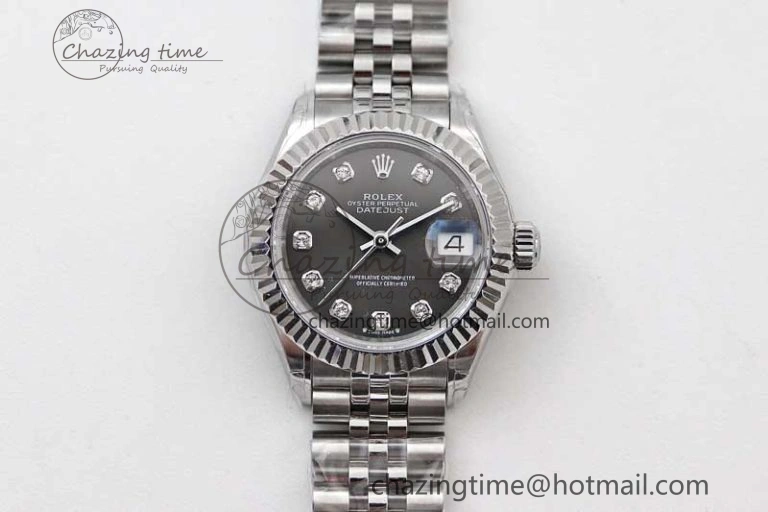 Lady DateJust 28 SS TWF 1:1 Best Edition 904L Steel Gray Dial Diamonds Markers on President Bracelet NH05
