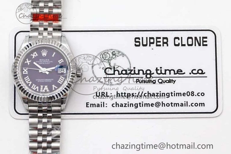 Lady DateJust 28 SS TWF 1:1 Best Edition 904L Steel Purple Dial Roman Markers on President Bracelet NH05