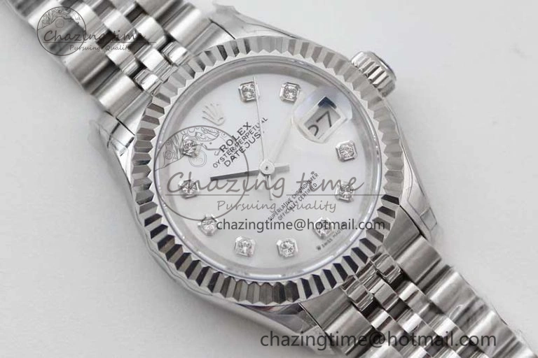 Lady DateJust 28 SS TWF 1:1 Best Edition 904L Steel Silver Dial Diamonds Markers on President Bracelet NH05