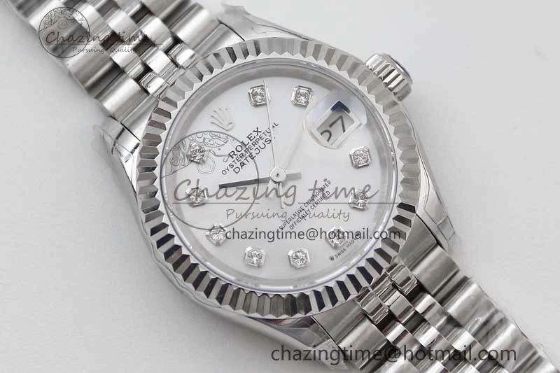 Lady DateJust 28 SS TWF 1:1 Best Edition 904L Steel Silver Dial Diamonds Markers on President Bracelet NH05