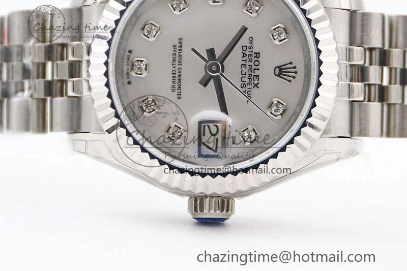 Lady DateJust 28 SS TWF 1:1 Best Edition 904L Steel Silver Dial Diamonds Markers on President Bracelet NH05