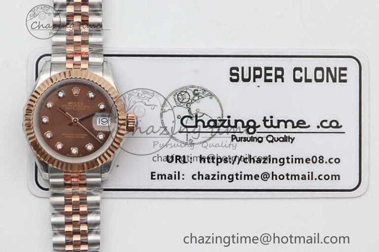 Lady DateJust 28 SS RG TWF 1:1 Best Edition Brown Dial Diamonds Markers on Jubilee Bracelet NH05