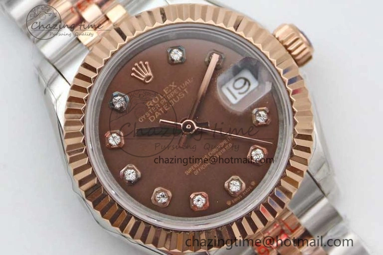 Lady DateJust 28 SS RG TWF 1:1 Best Edition Brown Dial Diamonds Markers on Jubilee Bracelet NH05