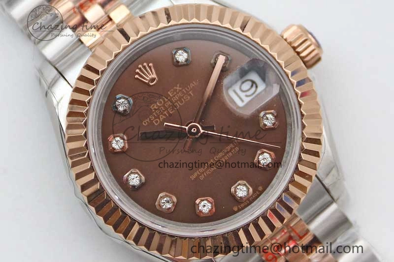 Lady DateJust 28 SS RG TWF 1:1 Best Edition Brown Dial Diamonds Markers on Jubilee Bracelet NH05