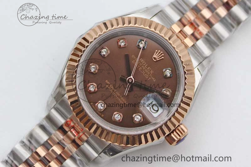 Lady DateJust 28 SS RG TWF 1:1 Best Edition Brown Dial Diamonds Markers on Jubilee Bracelet NH05