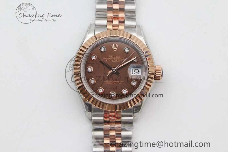 Lady DateJust 28 SS RG TWF 1:1 Best Edition Brown Dial Diamonds Markers on Jubilee Bracelet NH05