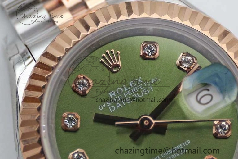 Lady DateJust 28 SS RG TWF 1:1 Best Edition Green Dial Diamonds Markers on Jubilee Bracelet NH05