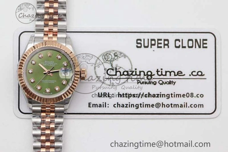 Lady DateJust 28 SS RG TWF 1:1 Best Edition Green Dial Diamonds Markers on Jubilee Bracelet NH05