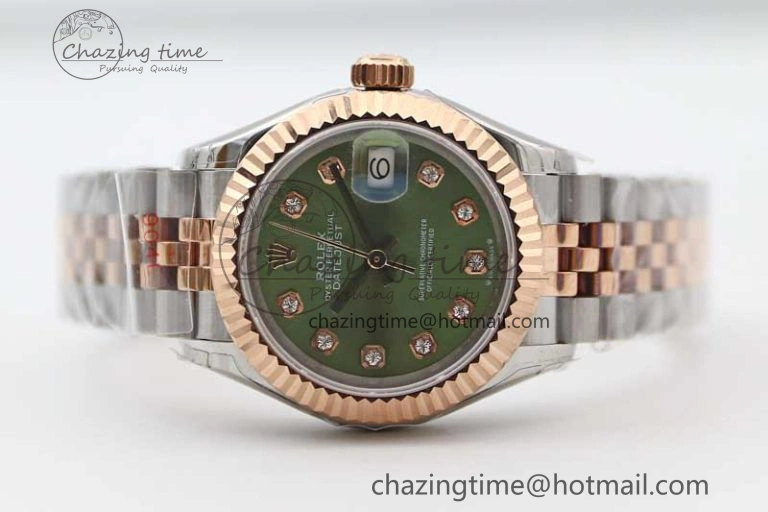 Lady DateJust 28 SS RG TWF 1:1 Best Edition Green Dial Diamonds Markers on Jubilee Bracelet NH05