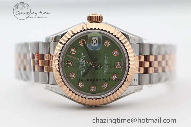 Lady DateJust 28 SS RG TWF 1:1 Best Edition Green Dial Diamonds Markers on Jubilee Bracelet NH05